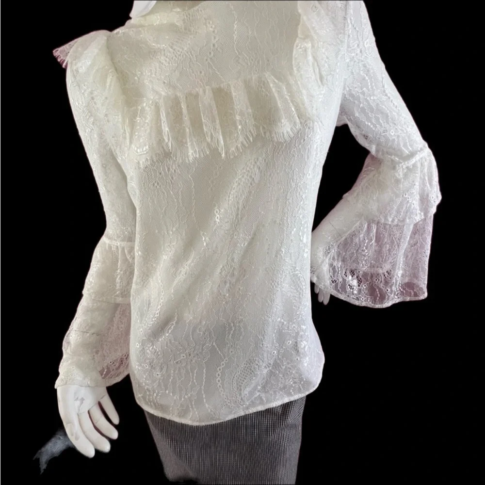 White Lace Blouse Button Collar Long Bell Sleeves